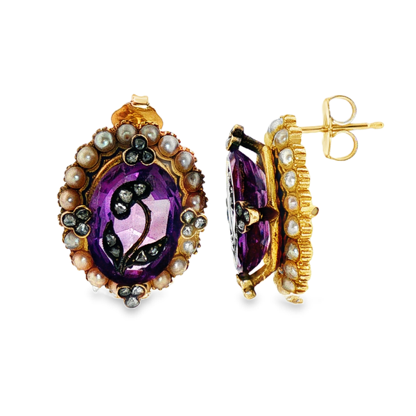 14K Yellow Gold Victorian Amethyst, Pearl, and Diamond Earrings Monarch Jewelry Winter Park, FL