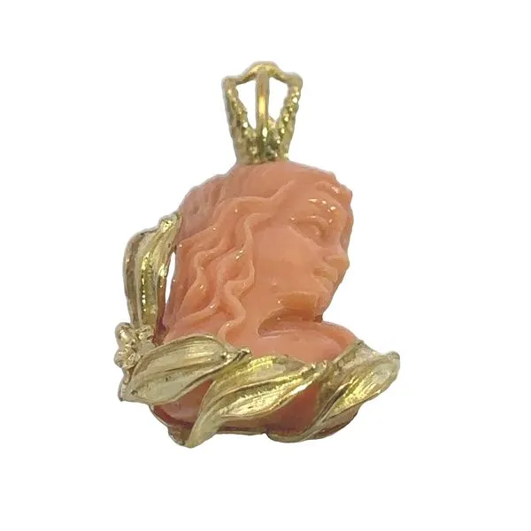 18 Karat Yellow Gold Pendant with Orange Momo Coral Cameo 230-00440 Image 3 Monarch Jewelry Winter Park, FL