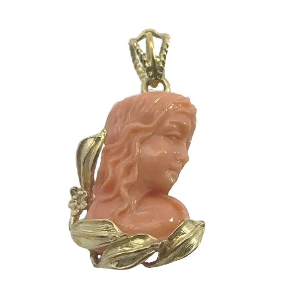 18 Karat Yellow Gold Pendant with Orange Momo Coral Cameo 230-00440 Image 4 Monarch Jewelry Winter Park, FL