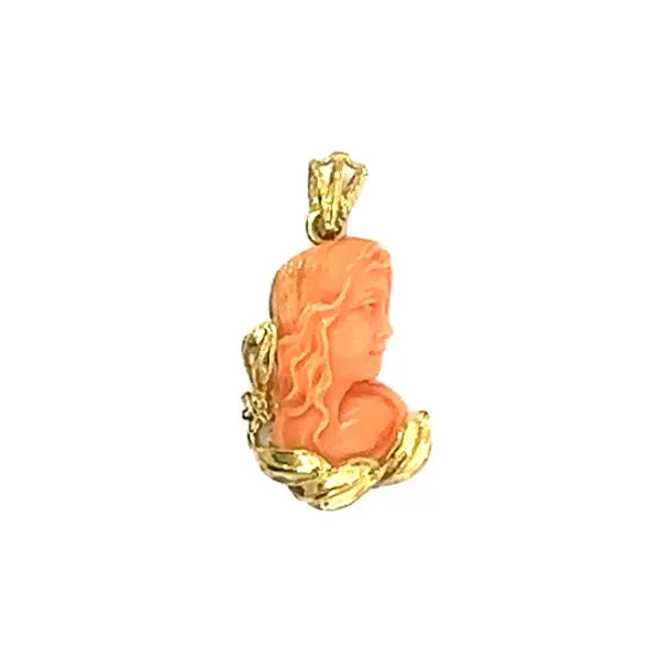 18 Karat Yellow Gold Pendant with Orange Momo Coral Cameo 230-00440 Monarch Jewelry Winter Park, FL