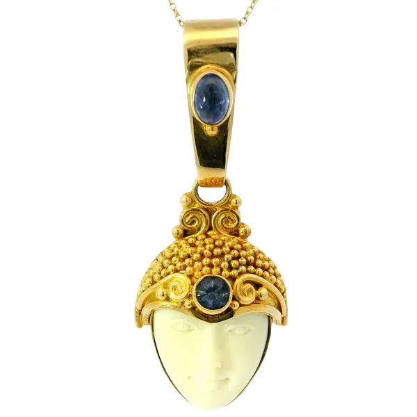 18K Yellow Gold Sajen Estate Ivory Mask Pendant Monarch Jewelry Winter Park, FL