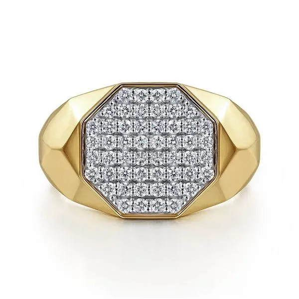 14K Yellow Gold Polished Faceted Signet Pave Diamond Ring Moore Jewelers Laredo, TX