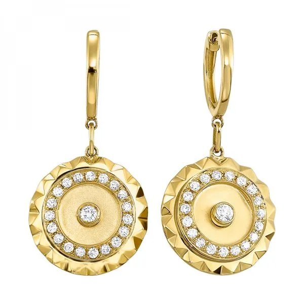 14K Yellow Gold Medallion Dangle Diamond Earrings Moore Jewelers Laredo, TX