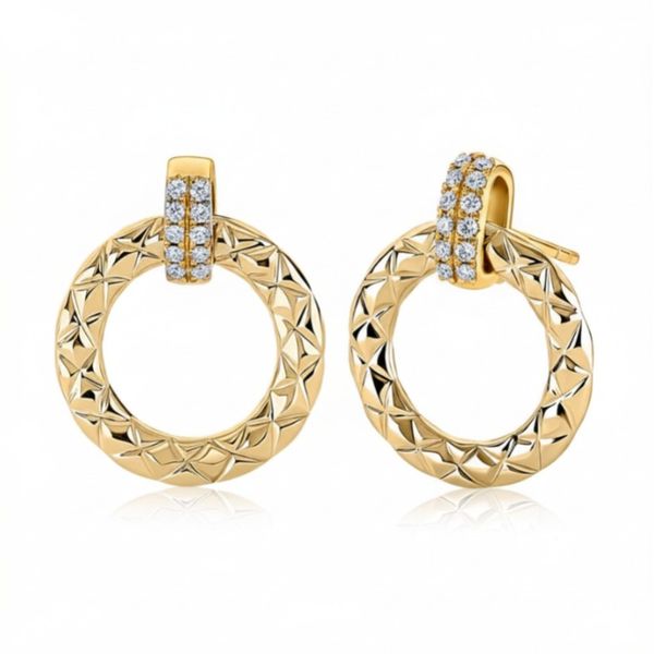 14K Yellow Gold Quilted Door Knocker Diamond Earrings Moore Jewelers Laredo, TX