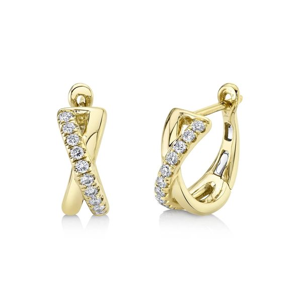 14K Yellow Gold Cross Over Diamond Huggie Earrings Moore Jewelers Laredo, TX
