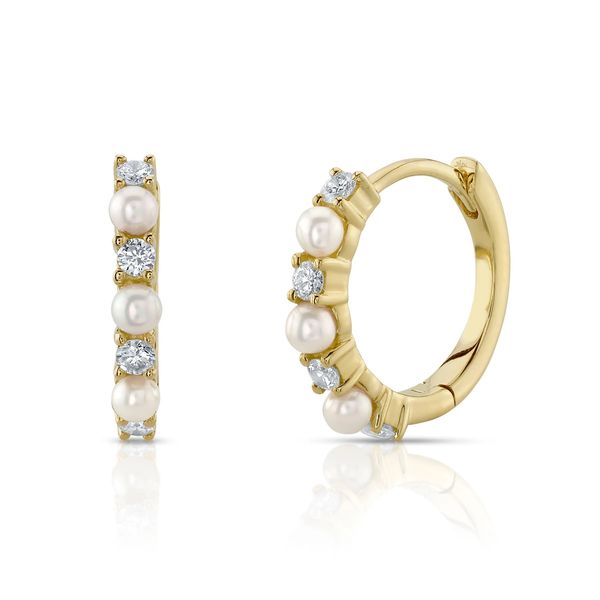14K Yellow Gold Pearl and Diamond Huggies Moore Jewelers Laredo, TX