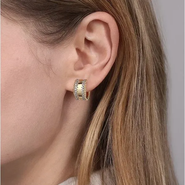 14K Yellow Gold Diamond Huggie Hoop Earrings Image 2 Moore Jewelers Laredo, TX
