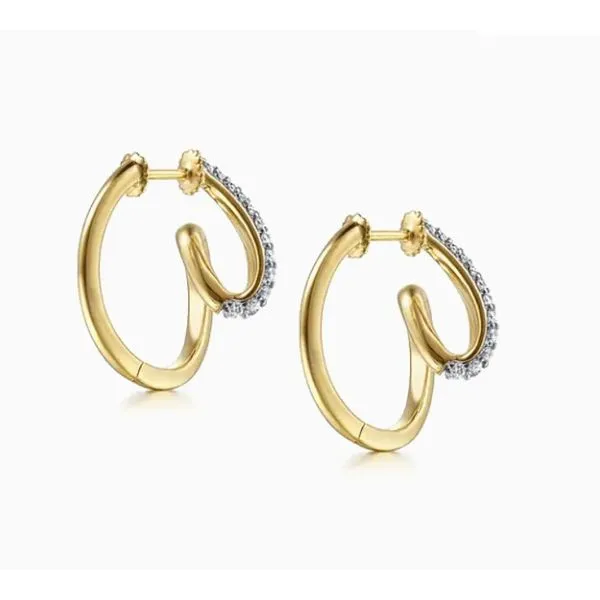 Two Tone 14K Yellow & White Gold Diamond Swirl Hoop Earrings Image 2 Moore Jewelers Laredo, TX