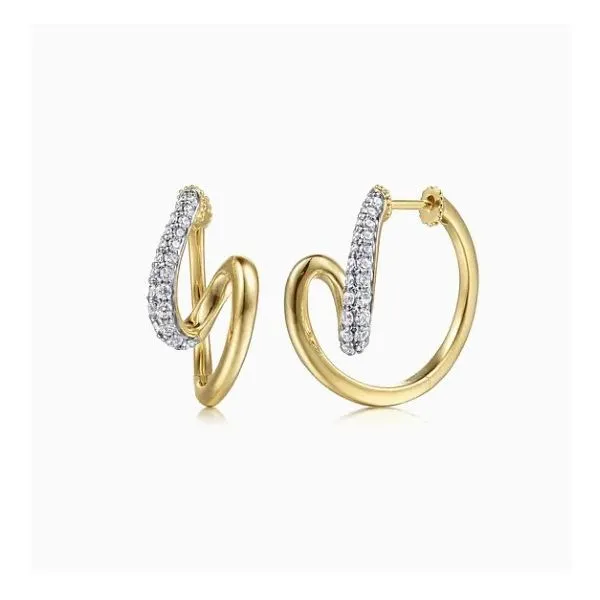 Two Tone 14K Yellow & White Gold Diamond Swirl Hoop Earrings Moore Jewelers Laredo, TX
