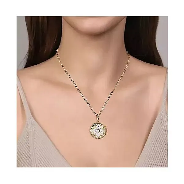 14K Yellow Gold Bujukan Diamond And Mother of Pearl Medallion Pendant Image 2 Moore Jewelers Laredo, TX