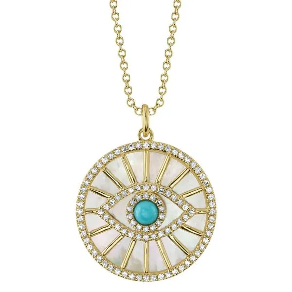 14K Yellow Gold Mother of Pearl Eye Medallion Necklace Moore Jewelers Laredo, TX