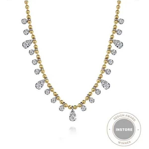 Two Tone 14K Yellow & White Gold Station Droplet Diamond Necklace Moore Jewelers Laredo, TX