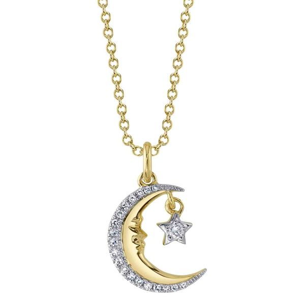 Two Tone 14K Yellow & White Gold Crescent Moon & Star Diamond Necklace Moore Jewelers Laredo, TX