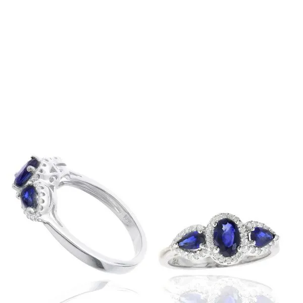 14K White Gold Halo Three Stone Blue Sapphire Ring Moore Jewelers Laredo, TX