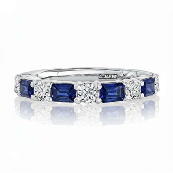 14K White Gold Alternating Blue Sapphire and Diamond Shared Prong Band Moore Jewelers Laredo, TX