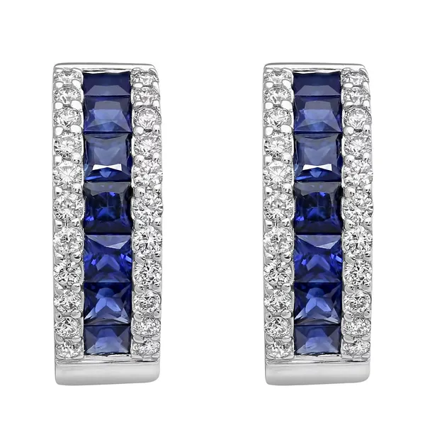 14K White Gold Sapphire and Diamond Huggie Earrings Moore Jewelers Laredo, TX