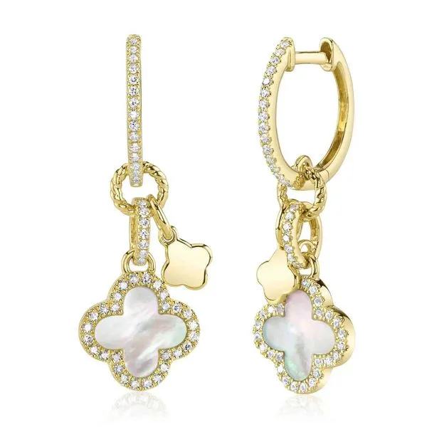 14K Yellow Gold Mother of Pearl Clover Dangle Diamond Earrings Moore Jewelers Laredo, TX
