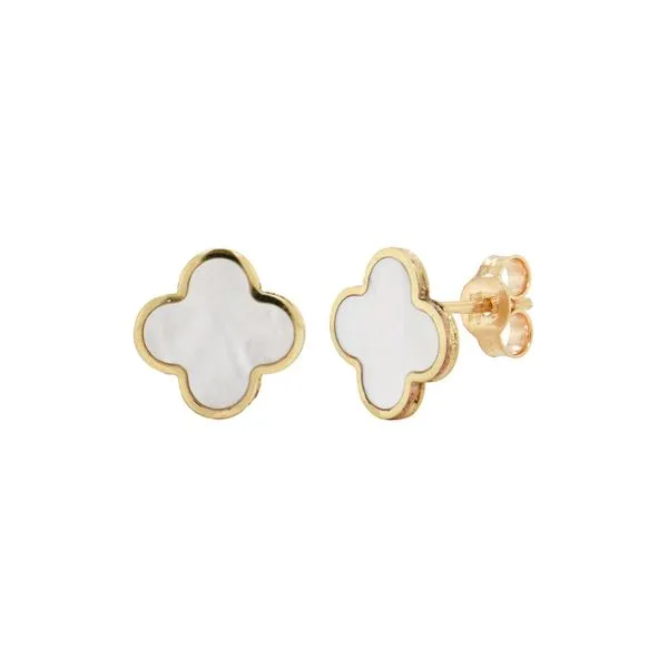 14K Yellow Gold Mother of Pearl Clover Button Earrings Moore Jewelers Laredo, TX