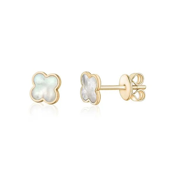 14K Yellow Gold Mother of Pearl Clover Button Earrings Moore Jewelers Laredo, TX