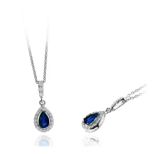 14K White Gold Halo Blue Sapphire Necklace Moore Jewelers Laredo, TX
