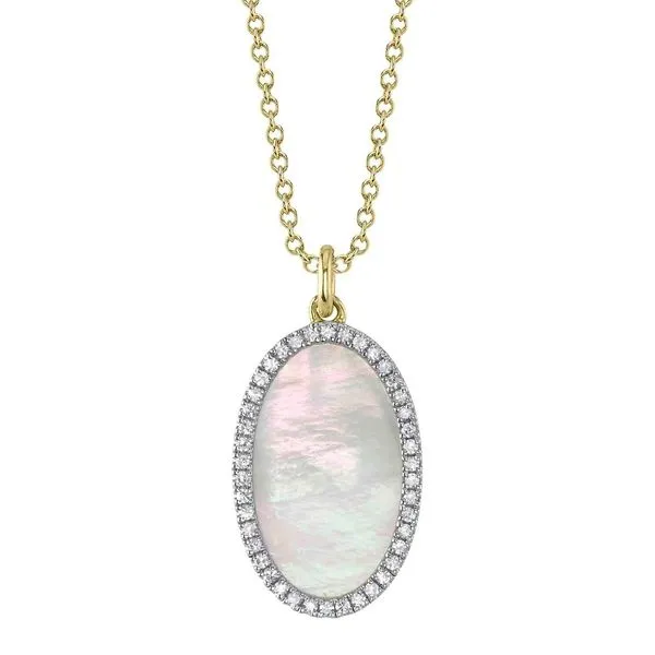 14K Yellow Gold Mother of Pearl Oval Diamond Necklace Moore Jewelers Laredo, TX