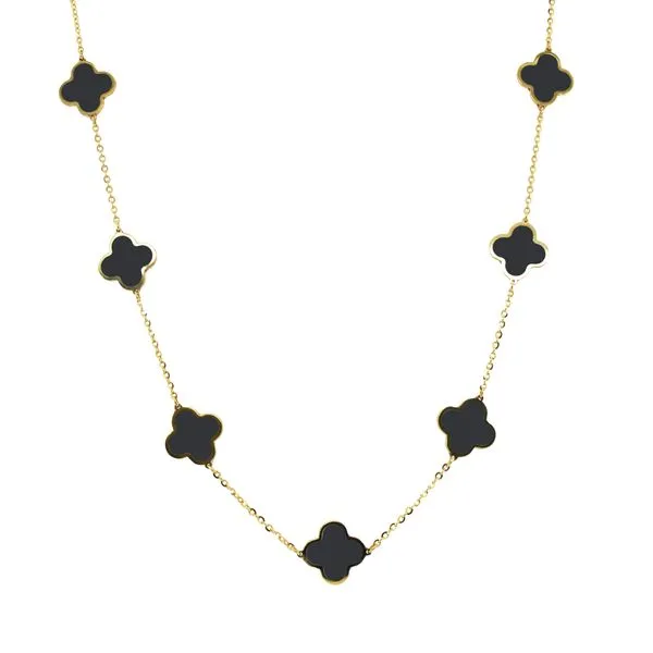 14K Yellow Gold Onyx Clover Station Necklace Moore Jewelers Laredo, TX