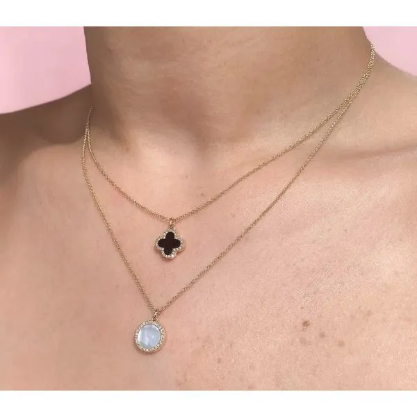 14K Yellow Gold Double Sided Clover Mother of Pearl and Black Onyx & Diamond Necklace Image 4 Moore Jewelers Laredo, TX