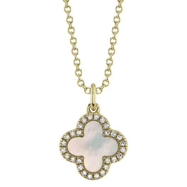 14K Yellow Gold Double Sided Clover Mother of Pearl and Black Onyx & Diamond Necklace Moore Jewelers Laredo, TX