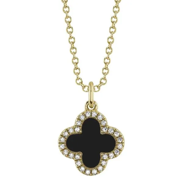 14K Yellow Gold Double Sided Clover Mother of Pearl and Black Onyx & Diamond Necklace Image 2 Moore Jewelers Laredo, TX