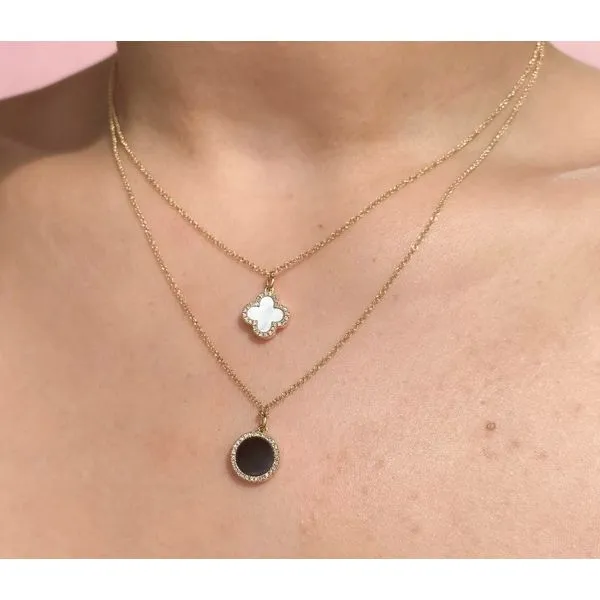 14K Yellow Gold Double Sided Clover Mother of Pearl and Black Onyx & Diamond Necklace Image 3 Moore Jewelers Laredo, TX