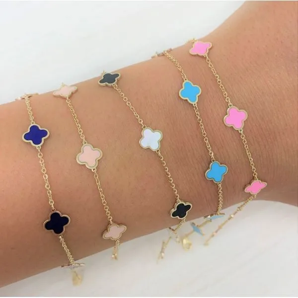 14K Yellow Gold Pink Agate Clover Station Bracelet Image 2 Moore Jewelers Laredo, TX