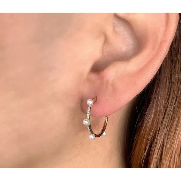 14K Yellow Gold Small Pearl & Diamond Hoop Earrings Image 2 Moore Jewelers Laredo, TX