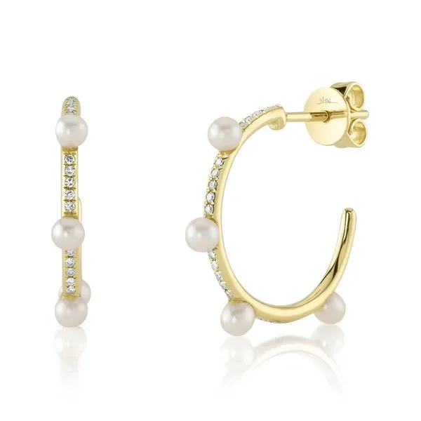 14K Yellow Gold Small Pearl & Diamond Hoop Earrings Moore Jewelers Laredo, TX