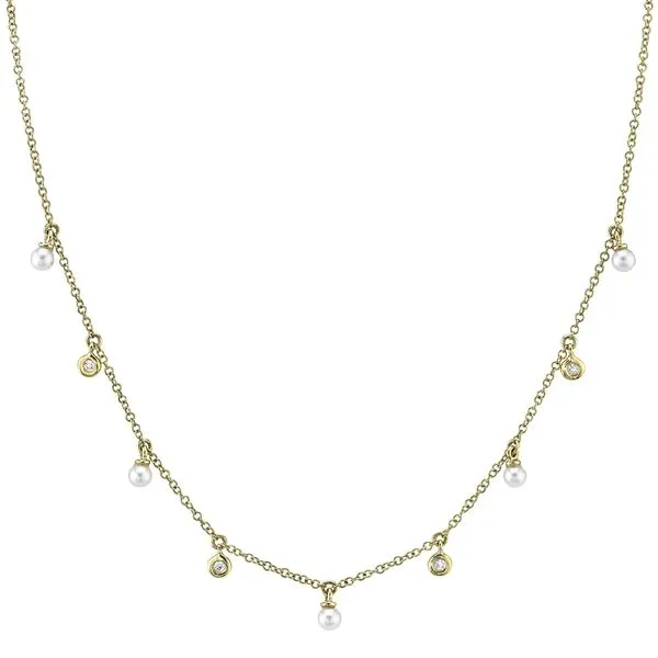 14K Yellow Gold Diamond and Pearl Station Necklace Moore Jewelers Laredo, TX