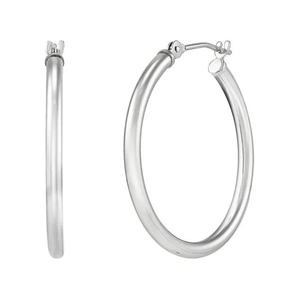 14K White Gold Polished Thin Round Tube Medium Hoop Earrings Moore Jewelers Laredo, TX
