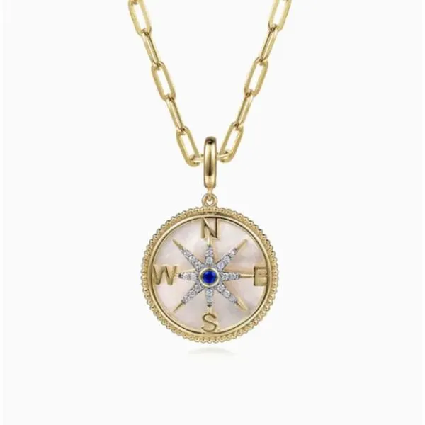 14K Yellow Gold Diamond Blue Sapphire Compass Medallion Pendant Image 3 Moore Jewelers Laredo, TX
