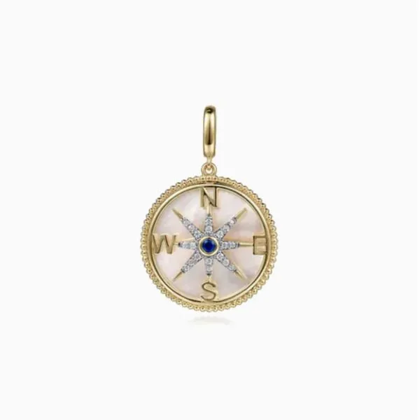 14K Yellow Gold Diamond Blue Sapphire Compass Medallion Pendant Moore Jewelers Laredo, TX