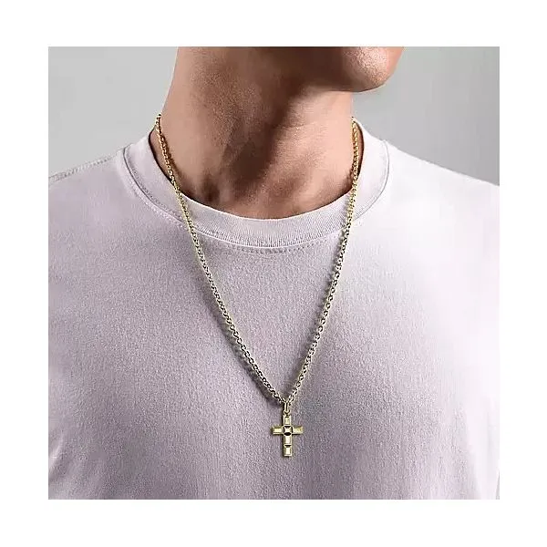 14K Yellow Gold Rectangular Station Gold Cross Pendant Image 3 Moore Jewelers Laredo, TX