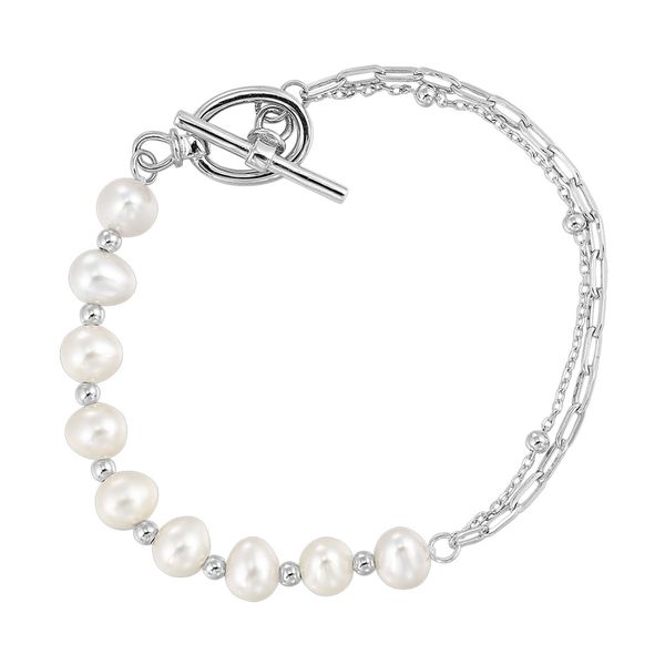 Sterling Silver Pearl Station & Double Chain Bracelet with Toggle Clasp Moore Jewelers Laredo, TX