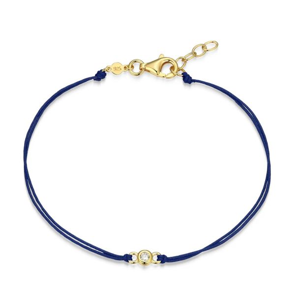 14K Gold Plated Navy Blue Silk Cord Bracelet with One Round Lab Grown Diamond Moore Jewelers Laredo, TX