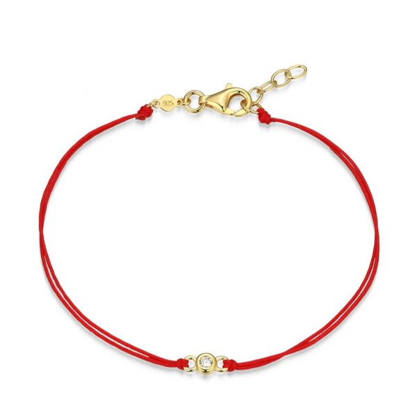 14K Gold Plated Red Silk Cord Bracelet with One Round Lab Grown Diamond Moore Jewelers Laredo, TX