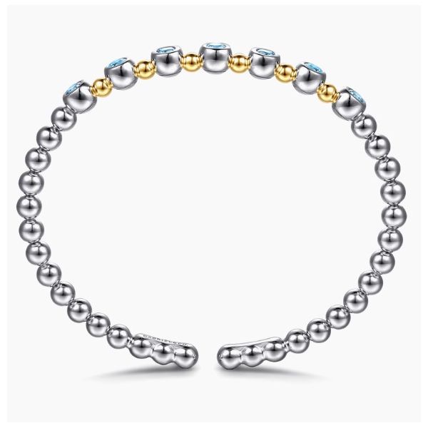 Sterling Silver & 14K Yellow Gold Round Blue Topaz Station Accent Bujukan Cuff Bracelet Image 3 Moore Jewelers Laredo, TX
