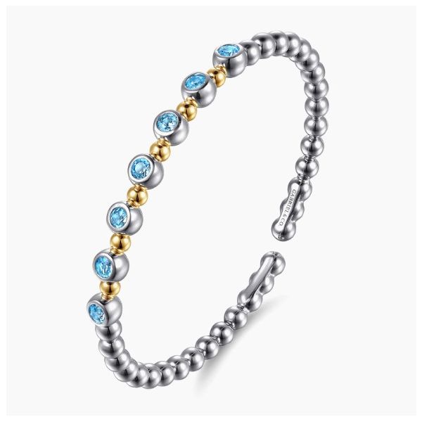 Sterling Silver & 14K Yellow Gold Round Blue Topaz Station Accent Bujukan Cuff Bracelet Moore Jewelers Laredo, TX