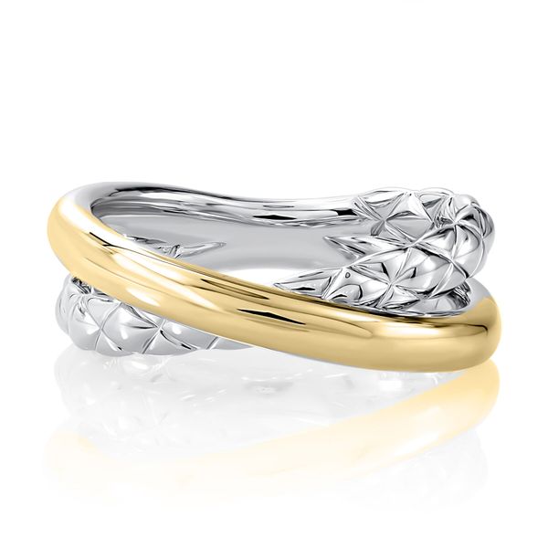 Two Tone Sterling Silver & 14K Yellow Gold Crossover Quilted Ring Moore Jewelers Laredo, TX