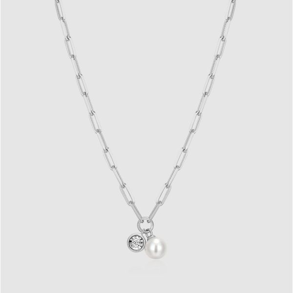Sterling Silver Pearl & Lab-Created Diamond Paperclip Necklace Moore Jewelers Laredo, TX