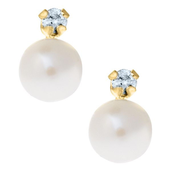 Children's 14K Gold Round Pearl Studs with Round Diamonds Moore Jewelers Laredo, TX