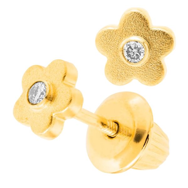 Children's 14K Gold Satin Finish Flower Stud Diamond Earrings Image 2 Moore Jewelers Laredo, TX