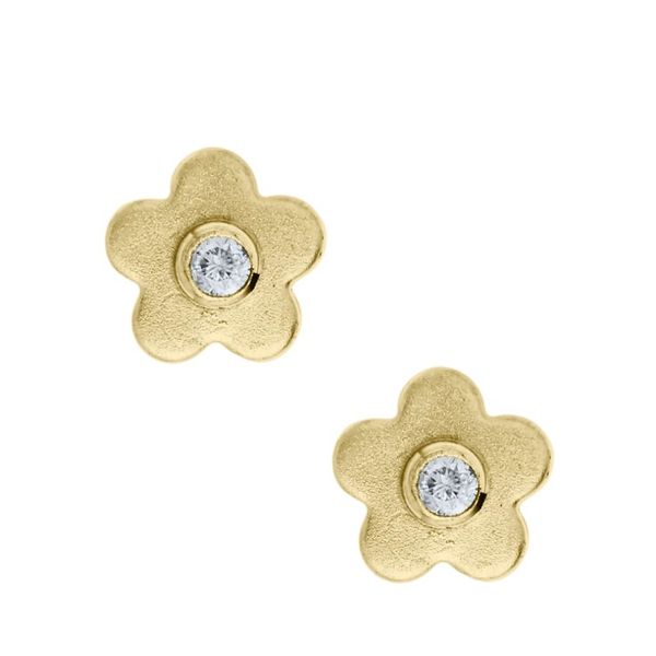Children's 14K Gold Satin Finish Flower Stud Diamond Earrings Moore Jewelers Laredo, TX