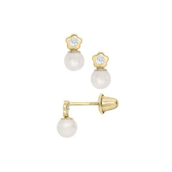 Children's 14K Gold Flower And Pearl Drop CZ Earrings Moore Jewelers Laredo, TX