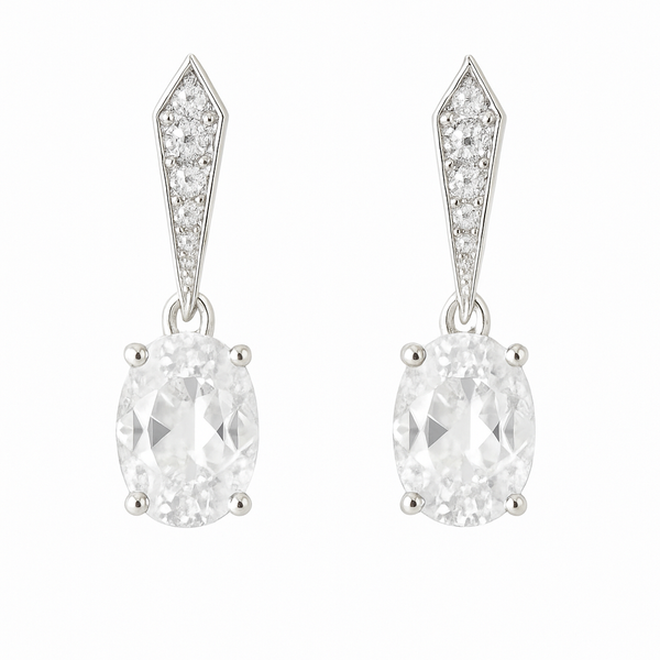 10Kt White Gold Dangle Post Earrings with Oval White Topaz and Single Cut Diamonds Morgan's Jewelers Winona, MN